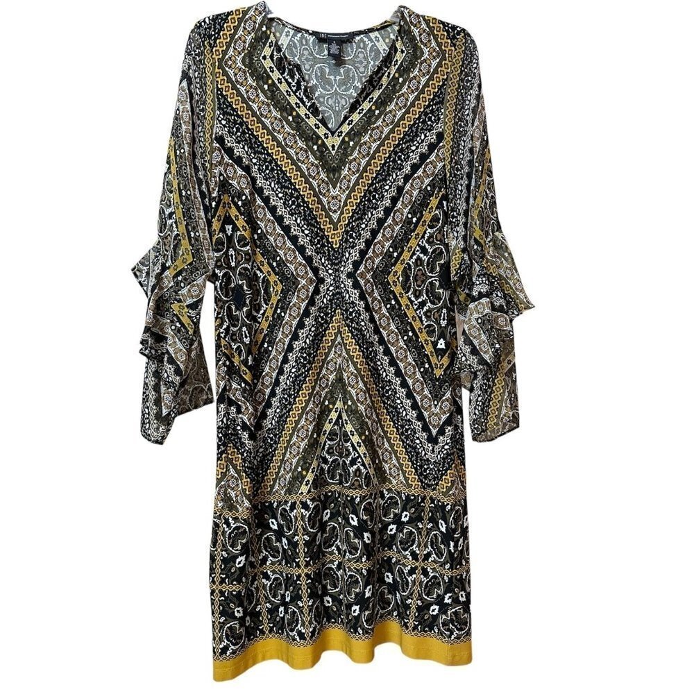 INC graphic paisley print dress ruffled sheer long sleeves women's size 4
